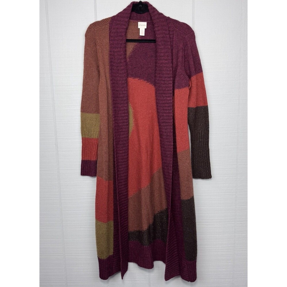 Chico’s Warm Multicolor Long Open Cardigan Sweater Duster Abstract Autumn 0/S/4